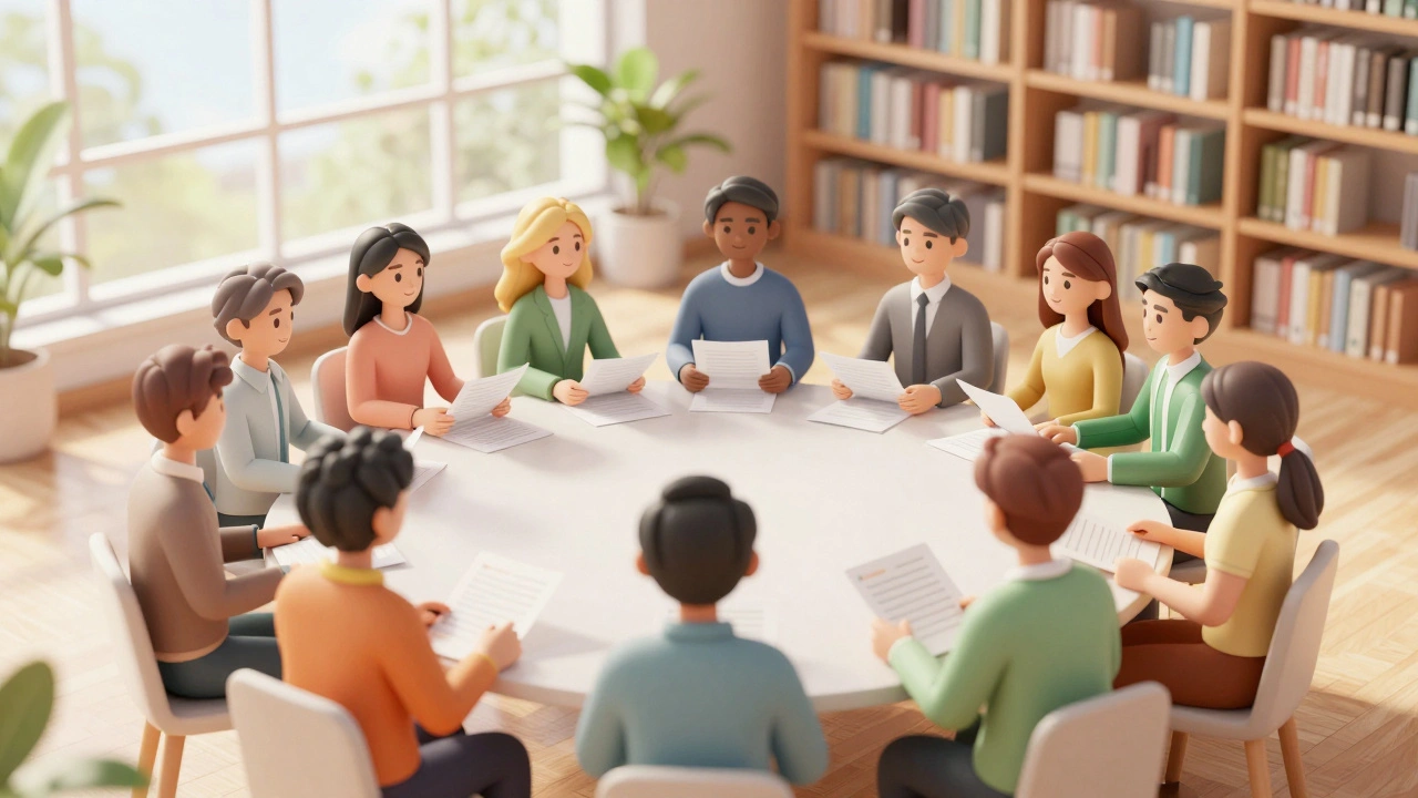 Warmly lit conceptual scene of diverse people discussing policy with documents in a peaceful library.