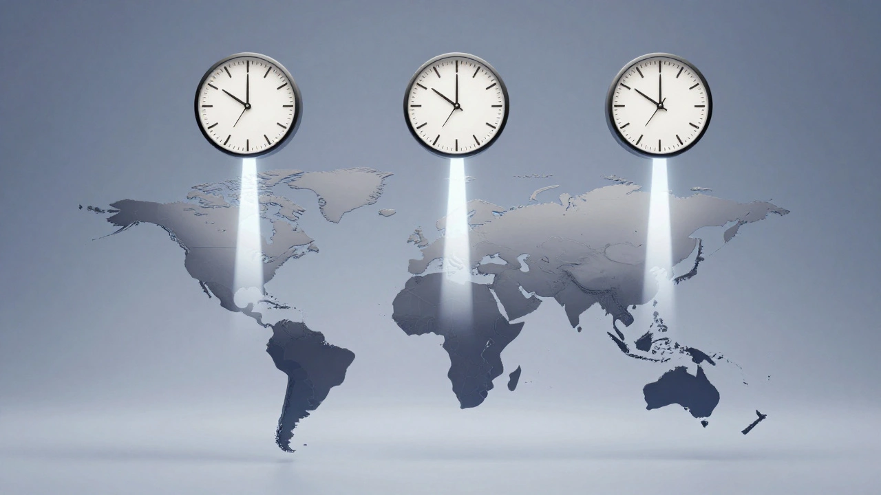World map with clocks over cities illustrating time zone challenges for global content posting.