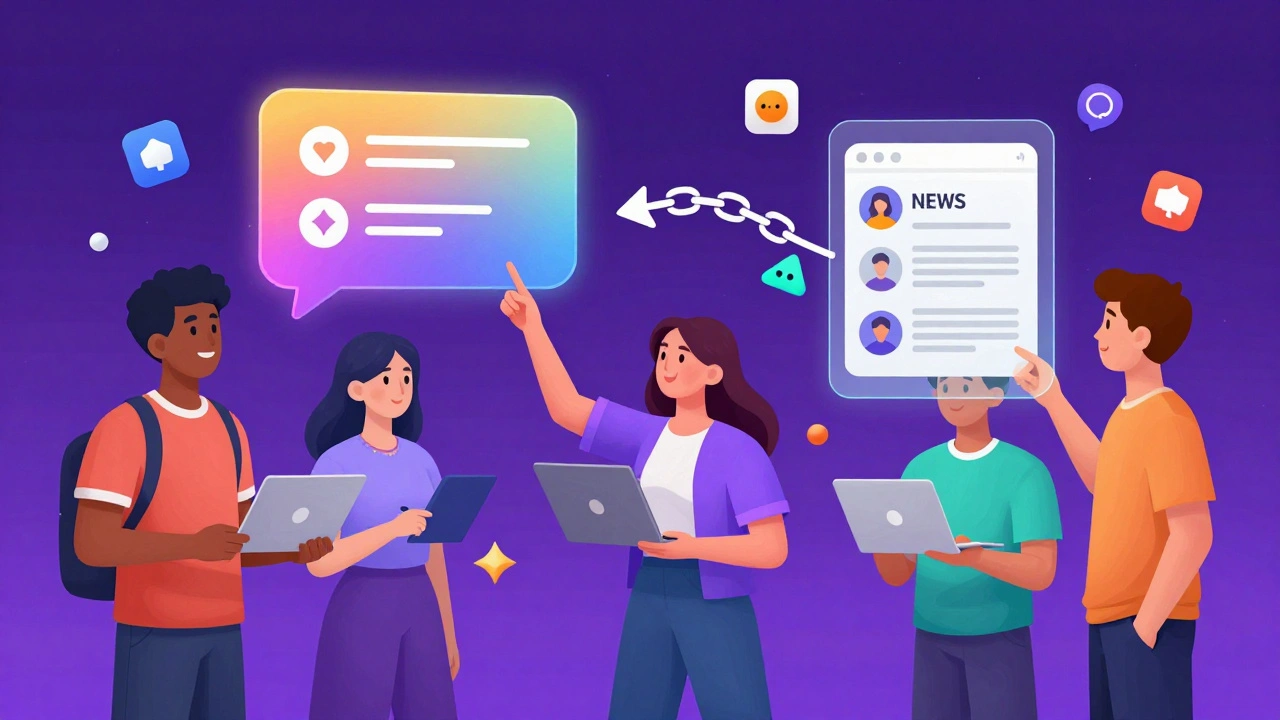 Young users engaging with polls and sharing news on interactive digital interfaces