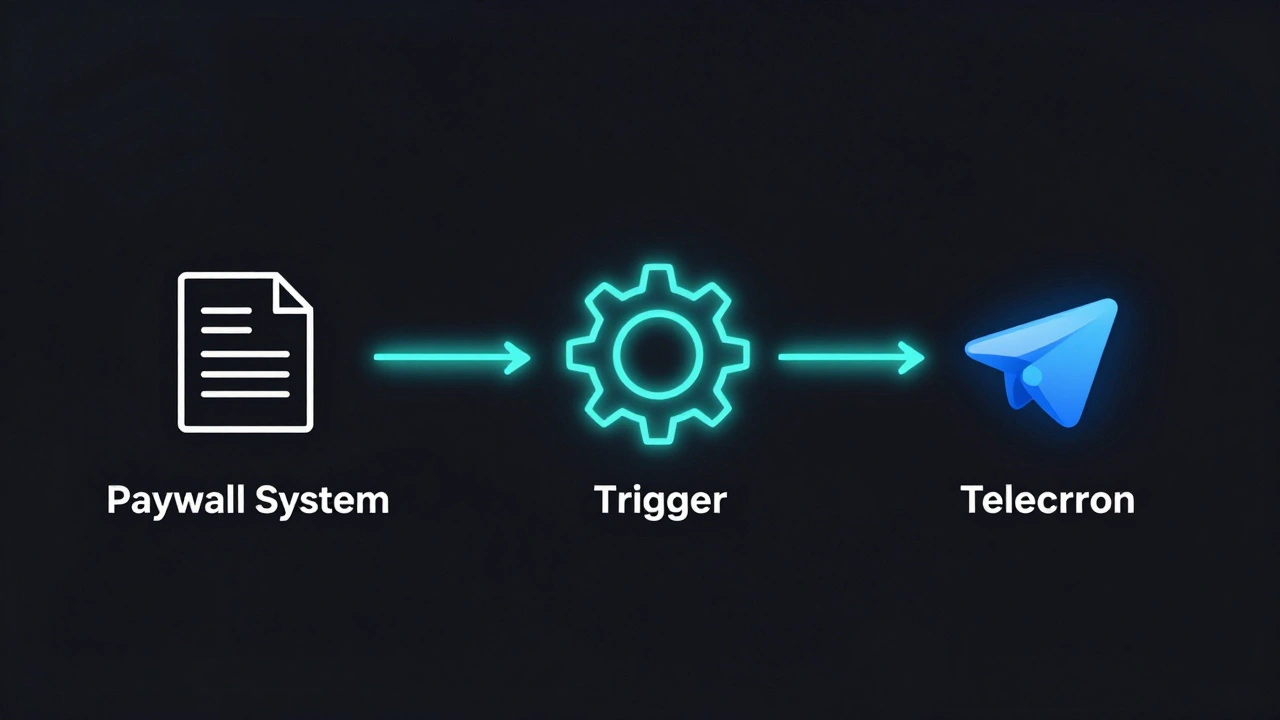 Abstract flowchart visualizing paywall triggers connecting to Telegram bot API