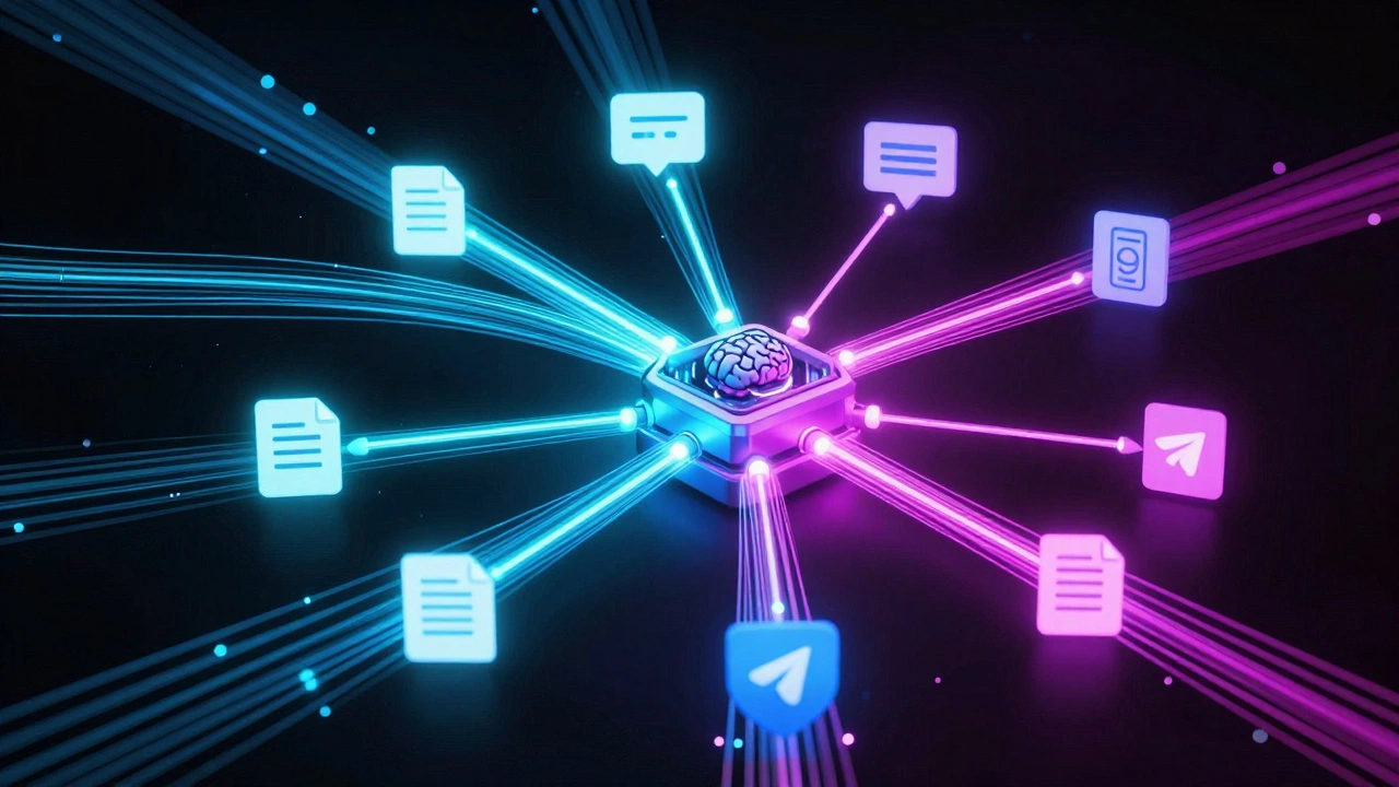Abstract neon visualization of automated data flowing from web to mobile.
