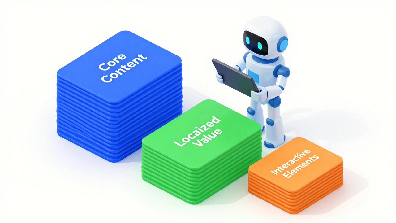 Isometric illustration of content strategy stacks and an automation robot managing digital cards.