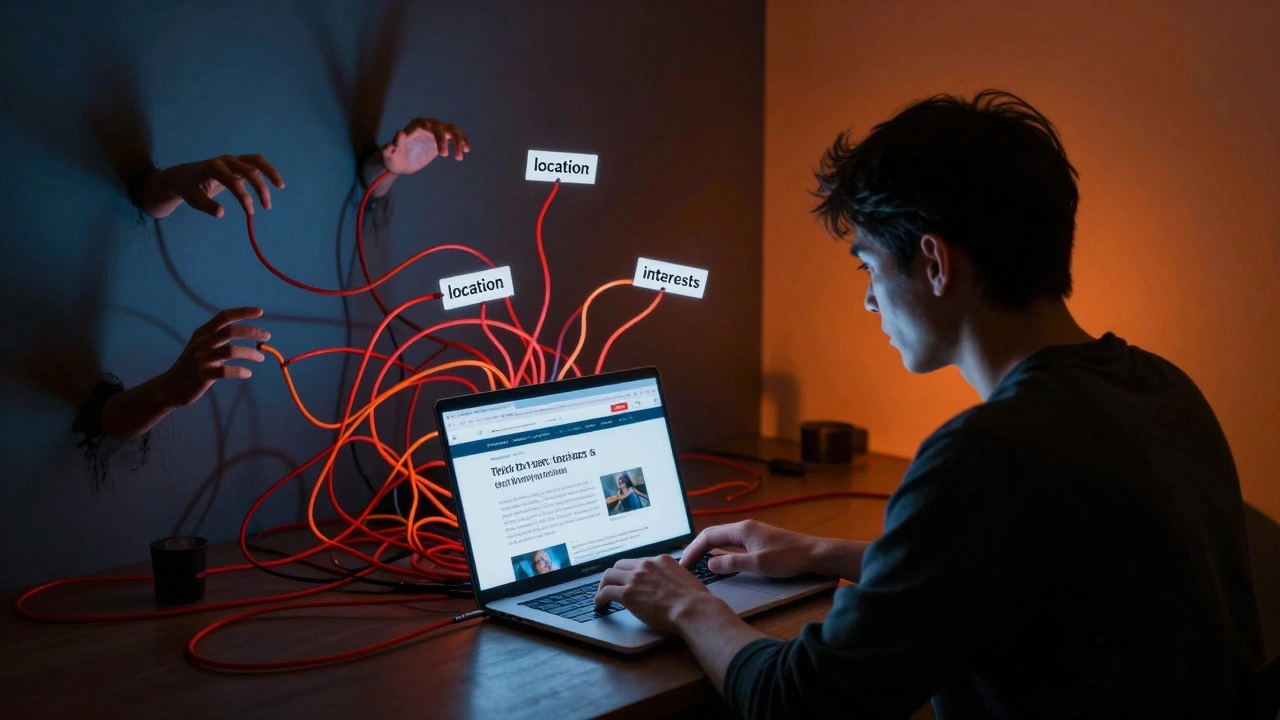 Laptop emitting red wires representing trackers, with ghostly hands grabbing user data in a dim room.