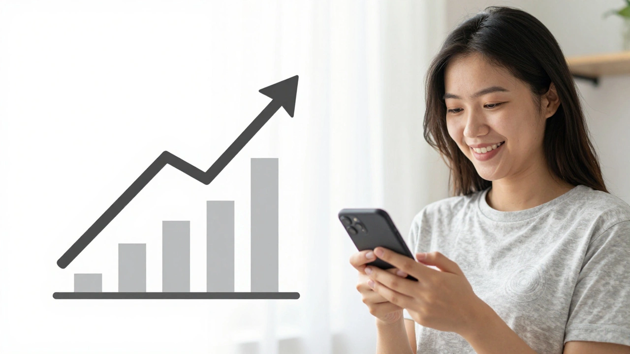 Split image showing rising revenue trends and a satisfied reader on mobile