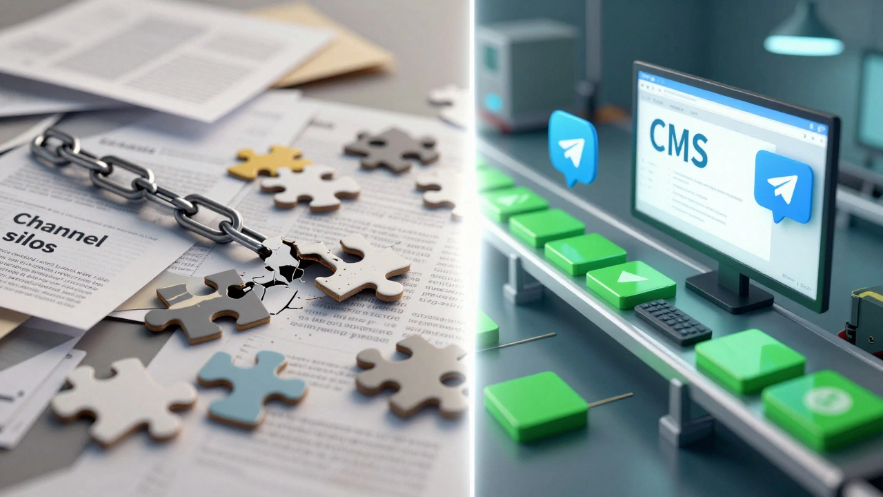 Split screen showing chaotic manual workflow vs smooth automated sync.