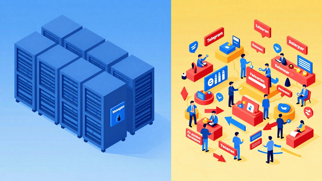 Split view: orderly blue server room vs chaotic marketplace of advertisers exchanging data tokens.